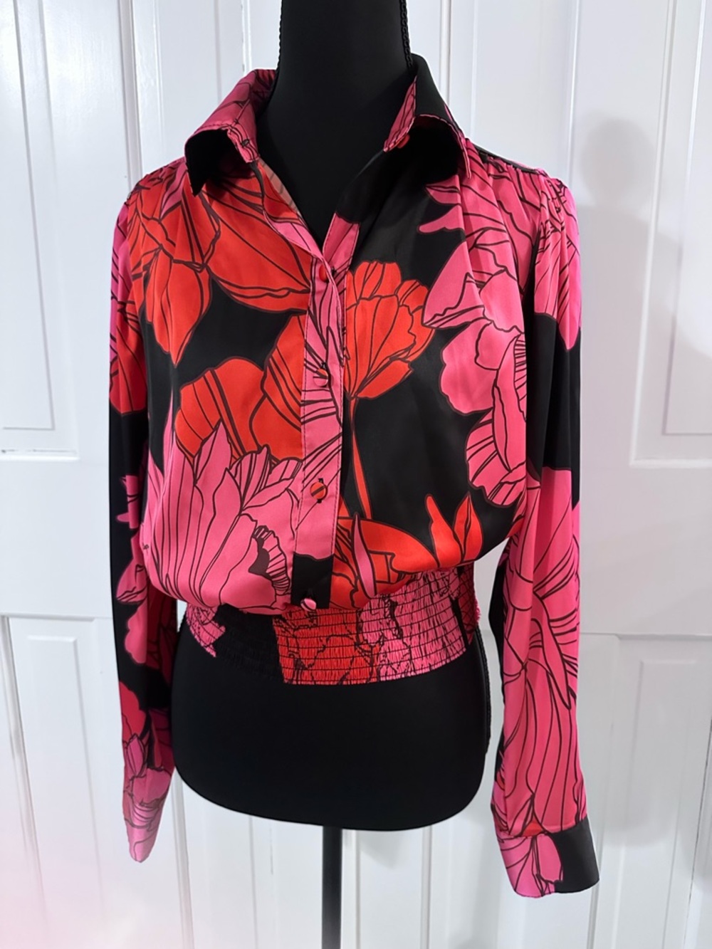 Anthropologie|Hutch Floral Pink & Red Button-Front Jama Blouse